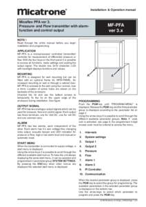 Installation- & Operation manual  Micaflex PFA ver 3. Pressure- and Flow transmitter with alarmfunction and control output  MF-PFA