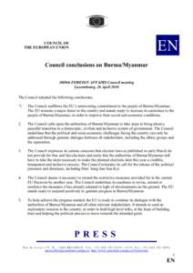 EN  COUNCIL OF THE EUROPEAN UNION  Council conclusions on Burma/Myanmar