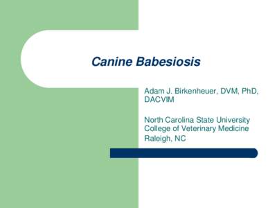 Canine Babesiosis Adam J. Birkenheuer, DVM, PhD, DACVIM North Carolina State University College of Veterinary Medicine Raleigh, NC