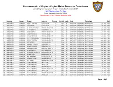 Commonwealth of Virginia - Virginia Marine Resources Commission Lewis Gillingham, Tournament Director - Virginia Beach, Virginia[removed]Citations Year To Date Printed: Wednesday November[removed]Citations Enterd in P