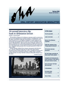 OHA Spring09.qxd:OHA Spring09[removed]:03 PM Page 1  Spring 2009 Volume XLIII Number 1  oral hiStory aSSociation newSletter