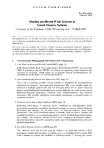 FINANCIAL STABILITY FORUM For Information 6 March[removed]Ongoing and Recent Work Relevant to
