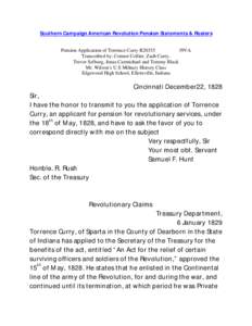 Southern Campaign American Revolution Pension Statements & Rosters Pension Application of Torrence Curry R20355 f9VA Transcribed by: Connor Collier, Zach Curry, Trevor Selburg, Jonas Carmichael and Tommy Black Mr. Wilson