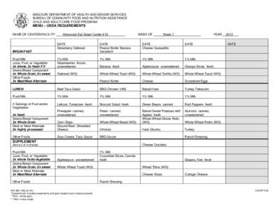 MISSOURI DEPARTMENT OF HEALTH AND SENIOR SERVICES BUREAU OF COMMUNITY FOOD AND NUTRITION ASSISTANCE CHILD AND ADULT CARE FOOD PROGRAM MENU – USDA REQUIREMENTS NAME OF CENTER/FACILITY