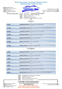 Monaro Transconnect—connecting the Monaro to the ACT Operating Monday, Tuesday and Friday 6.25am Delegate Post Office 7.00am Bombala Community Centre 7.15am Bibbenluke Hall 7.40am Nimmitabel Police Station