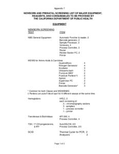 Appendix 7  NEWBORN AND PRENATAL SCREENING LIST OF MAJOR EQUIPMENT, REAGENTS, AND CONSUMABLES TO BE PROVIDED BY THE CALIFORNIA DEPARTMENT OF PUBLIC HEALTH EQUIPMENT