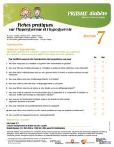 Fiches pratiques  sur l’hyperglycémie et l’hypoglycémie Par Louise Tremblay, infirmière, M.Ed. − Diabète Québec Révisé par Ghisline Pellerin, infimière clinicienne − CHRTR et Lucie Lefebvre, gestionnaire 