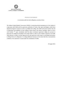 HELLENIC REPUBLIC CAPITAL MARKET COMMISSION PRESS STATEMENT in connection with the short selling ban currently in force