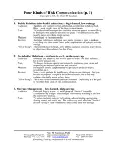 Four Kinds of Risk Communication (p. 1) Copyright © 2003 by Peter M. Sandman 1. Public Relations (also health education) – high-hazard, low-outrage Audience: