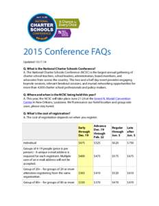    2015 Conference FAQs UpdatedQ. What is the National Charter Schools Conference? A. The National Charter Schools Conference (NCSC) is the largest annual gathering of