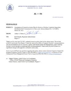 Acceptance of Corrective Action Plan for Review ofHotline Complaint Regarding Residential Soil Contamination in Cherryvale, Kansas (Report No. 13-P-0207), March 28, 2013
