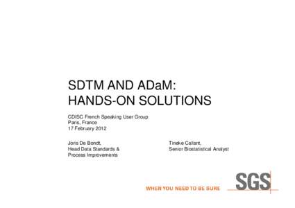 SDTM AND ADaM: HANDS-ON SOLUTIONS CDISC French Speaking User Group Paris, France 17 February 2012 Joris De Bondt,