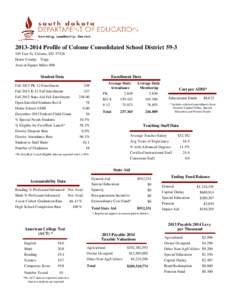 [removed]Profile of Colome Consolidated School District[removed]Carr St, Colome, SD[removed]Home County: Tripp Area in Square Miles: 806  Student Data