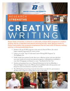 RESEARCH ST REN GTHS C R E AT I V E WRITING Boise State University is home to a nationally ranked MFA program in creative