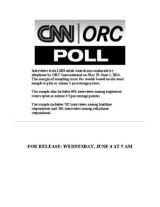 Interviews with 1,003 adult Americans conducted by telephone by ORC International on May 29-June 1, 2014. The margin of sampling error for results based on the total sample is plus or minus 3 percentage points. The sampl