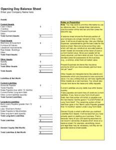 Opening Day Balance Sheet Enter your Company Name here Assets Current Assets Cash in Bank Inventory