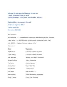 Missouri Department of Natural Resources Public Drinking Water Branch Design Standards Revisions Stakeholder Meeting Stakeholders Attendance Record Southeast Regional Office Poplar Bluff, MO.