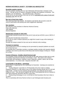 MOSMAN  HISTORICAL  SOCIETY  -­  OCTOBER  2011  NEWSLETTER November  speaker  meeting The  next  speaker  meeting  will  be  at  7pm  Wednesday  9th  November,  dowstairs  at  the   library.    T