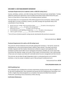 DOCUMENT A: AICEP REQUIREMENTS WORKSHEET Curriculum Requirement[removed]academic credits or[removed]training hours) Courses, workshops, seminars, and other trainings must fit into the broad topics named below. Trainings o