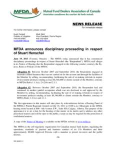 News release - MFDA announces disciplinary proceeding in respect of Stuart Henschel