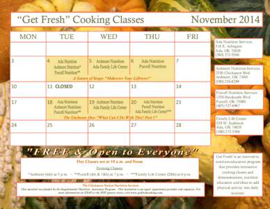 “Get Fresh” Cooking Classes MON TUE  WED