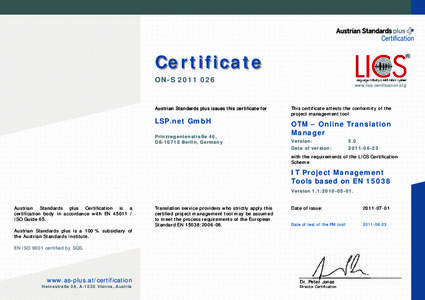 Translation / Austrian Standards Institute / Certification / ISO / Quality management / Evaluation / EN 15038