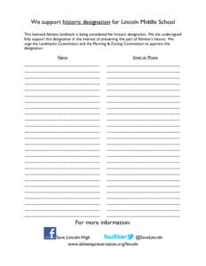 We support historic designation for Lincoln Middle School This beloved Abilene landmark is being considered for historic designation. We the undersigned fully support this designation in the interest of preserving this p