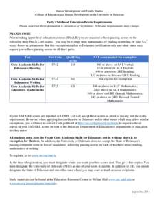 Human Development and Family Studies College of Education and Human Development at the University of Delaware Early Childhood Education Praxis Requirements Please note that this information is current as of September 201