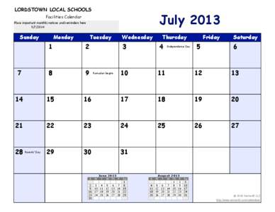 LORDSTOWN LOCAL SCHOOLS  July 2013 Facilities Calendar Place important monthly notices and reminders here