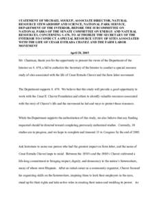 STATEMENT OF MICHAEL SOUKUP, ASSOCIATE DIRECTOR, NATURAL RESOURCE STEWARDSHIP AND SCIENCE, NATIONAL PARK SERVICE, DEPARTMENT OF THE INTERIOR, BEFORE THE SUBCOMMITTEE ON NATIONAL PARKS OF THE SENATE COMMITTEE ON ENERGY AN