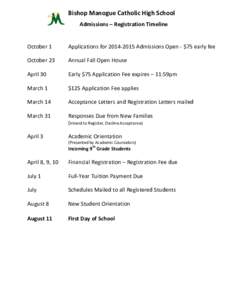Bishop Manogue Catholic High School Admissions – Registration Timeline October 1 Applications for[removed]Admissions Open - $75 early fee