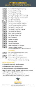 PHONE SERVICE quick reference CODES Turn off Call Waiting (Temporarily) Turn on Call Forwarding Turn off Call Forwarding Turn on/off Selective Call Forwarding