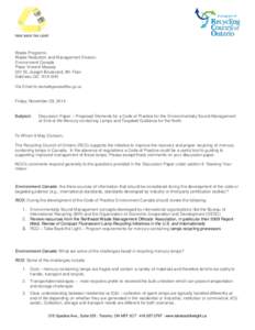 Waste Programs Waste Reduction and Management Division Environment Canada Place Vincent Massey 351 St. Joseph Boulevard, 9th Floor Gatineau QC K1A 0H3