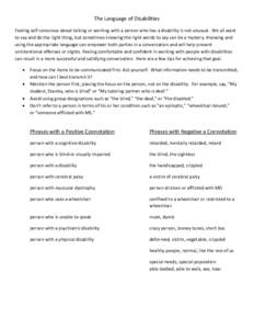 The Language of Disabilities Feeling self-conscious about talking or working with a person who has a disability is not unusual. We all want to say and do the right thing, but sometimes knowing the right words to say can 