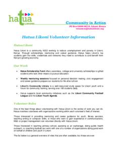 Community in Action PO Box[removed], Likoni, Kenya [removed] Hatua Likoni Volunteer Information Hatua Likoni