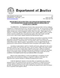 Department of Justice Will Not Challenge Proposed Joint Venture Between Flight Support Service Operators at Connecticut Airport