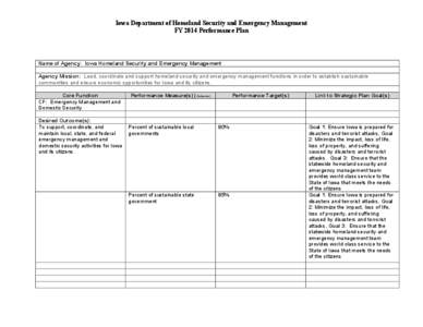 Iowa Department of Homeland Security and Emergency Management FY 2014 Performance Plan Name of Agency: Iowa Homeland Security and Emergency Management Agency Mission: Lead, coordinate and support homeland security and em
