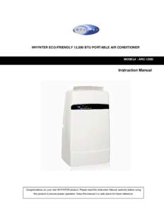 WHYNTER ECO-FRIENDLY 12,000 BTU PORTABLE AIR CONDITIONER  co MODEL# : ARC-12SD