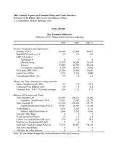 2001 Country Reports on Economic Policy and Trade Practices Released by the Bureau of Economic and Business Affairs U.S. Department of State, February 2002 SINGAPORE Key Economic Indicators (Millions of U.S. Dollars unle