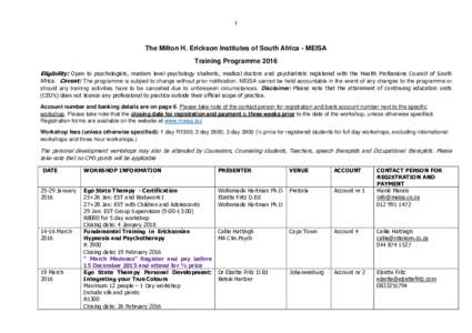 1  The Milton H. Erickson Institutes of South Africa - MEISA Training Programme 2016 Eligibility: Open to psychologists, masters level psychology students, medical doctors and psychiatrists registered with the Health Pro