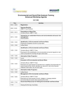 Environmental and Social Risk Analysis Training Advanced Workshop Agenda DAY ONE Time  Activities