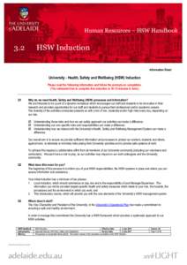 Human Resources – HSW Handbook  3.2 HSW Induction Information Sheet