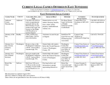 CURRENT LEGAL CLINICS OFFERED IN EAST TENNESSEE Contact the Pro Bono Coordinator at [removed] if you know of a clinic that is not included in this list or if you have updated information for the list. Thank yo