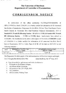 The University of Burdwan Department of Controller of Examinations CORRIGENDUM In
