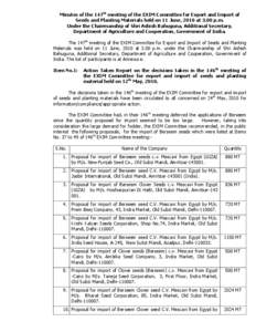 Minutes of the 147th meeting of the EXIM Committee for Export and Import of Seeds and Planting Materials held on 11 June, 2010 at 3.00 p.m. Under the Chairmanship of Shri Ashish Bahuguna, Additional Secretary, Department