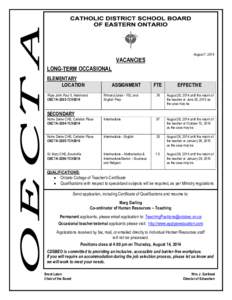 August 7, 2014  VACANCIES LONG-TERM OCCASIONAL ELEMENTARY LOCATION