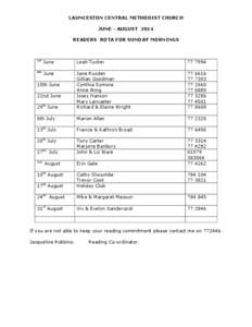 LAUNCESTON CENTRAL METHODIST CHURCH JUNE - AUGUST 2014 READERS ROTA FOR SUNDAY MORNINGS 1st