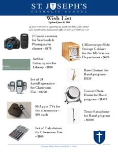 Wish List Updated June 10, 2014 If you are interested in supporting any specific item below, please contact Gina Turcotte in the Advancement Office, at[removed]ext. 125.