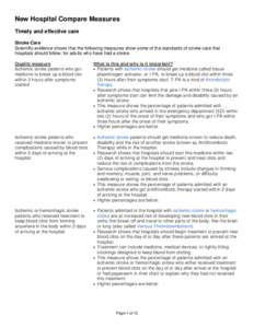 New Hospital Compare Measures Timely and effective care Stroke Care Scientific evidence shows that the following measures show some of the standards of stroke care that hospitals should follow, for adults who have had a 