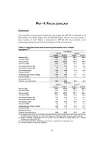 PART 4: FISCAL OUTLOOK OVERVIEW The Australian Government’s underlying cash surplus foris estimated to be $14.8 billion, $4.2 billion higher than theBudget forecast. In accrual terms, a fiscal surplus